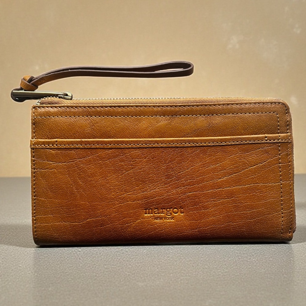 Margot New York Cognac Leather Zip-Around Wristlet Wallet